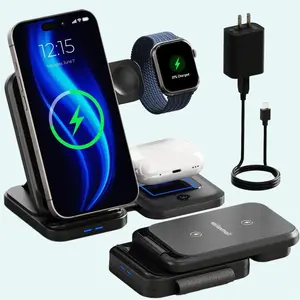 3 in 1 Wireless Charging Station for Multiple Apple Devices, iPhone 15 14 13 12 11 Pro Max XS XR X 8 Plus, Apple Watch 9 8 7 6 5 4 3 2 SE, AirPods 3 2 Pro, Samsung, Fast Charger Foldable Dock Stand Smartphone Cellphone Electronic Mobile Folding