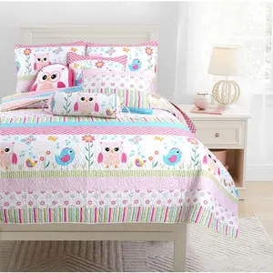 Home Sweet Pink Owl Print Stripe Girl Reversible Quilt Bedding Set