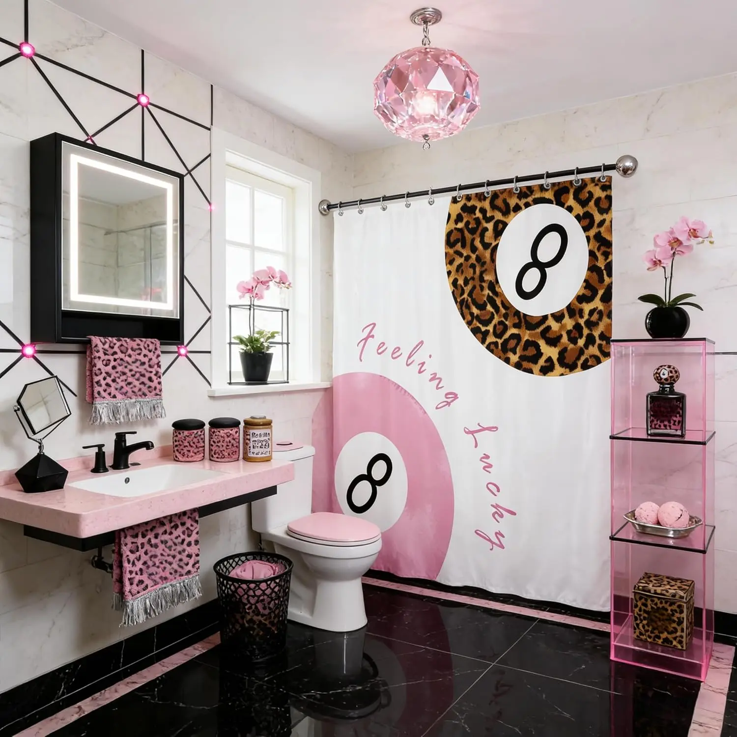 Fashion Leopard Shower Curtains,Aesthetic Cheetah Modern Art Bathroom Curtain,Trendy Lucky 8 Ball Home Decor,Pink White Brown Waterproof Curtains