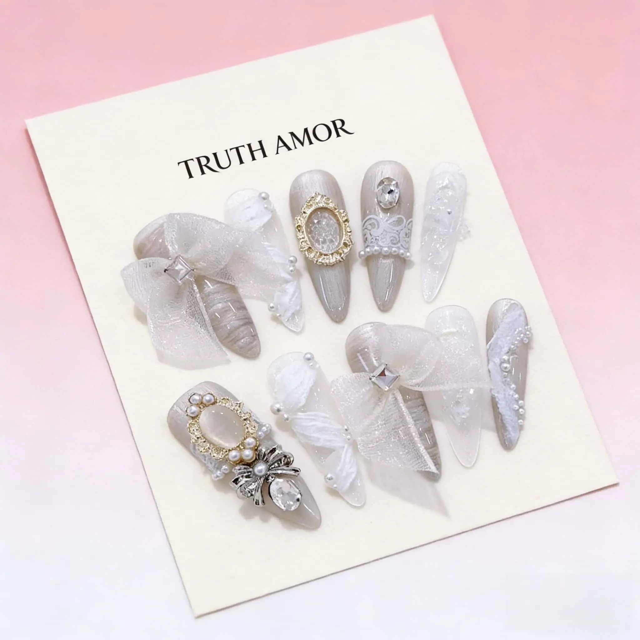 1Set TRUTH AMOR Long Almond Press On Nails Fake Nails Handmade Sheer White Lace Bow Pearl Rhinestone Reusable Manicure For Wedding Date Party Travel Makeup Beginners Nail Lovers