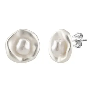 925 Sterling Silver Pearl Stud Earrings for Women, White Freshwater Pearl, Round Disc Shape, Everyday Trendy Jewelry,Wedding,Party,Daily Wear,Gift for Her little  blue  box