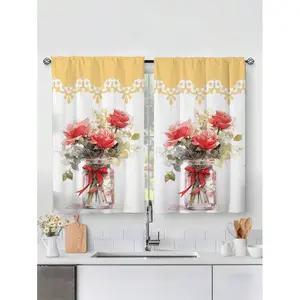 2pcs Sunflower Print Kitchen Window Curtain,Without Holes Curtain,Refer To Bedroom Office Kitchen Living Room Study Home Decor