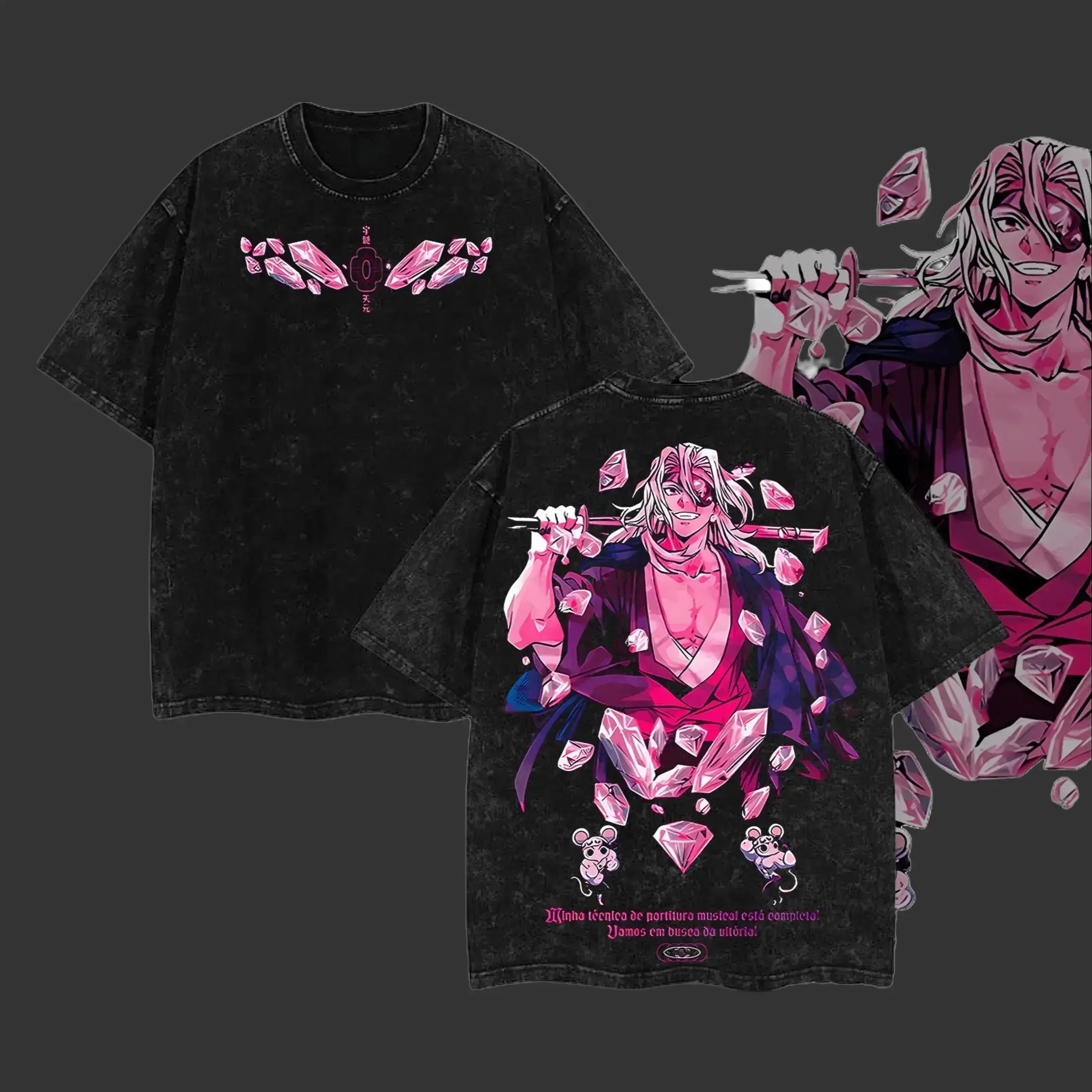 Vintage Washed Demon Slayer Tengen Uzui Double Sided Tee Pink Crystal Symbol Front Print Tengen Uzui Twin Mice Anime Graphic Oversized Black Acid Wash Otaku Streetwear Casual Tee