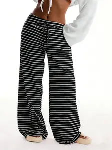 Women's high-elasticity black and white striped wide-leg pants, drawstring Adjustable elastic waist casual streetwear trousers, trendy street style, summer beach trousers with a bohemian style, suitable for everyday outings and summer looks, Womenswear