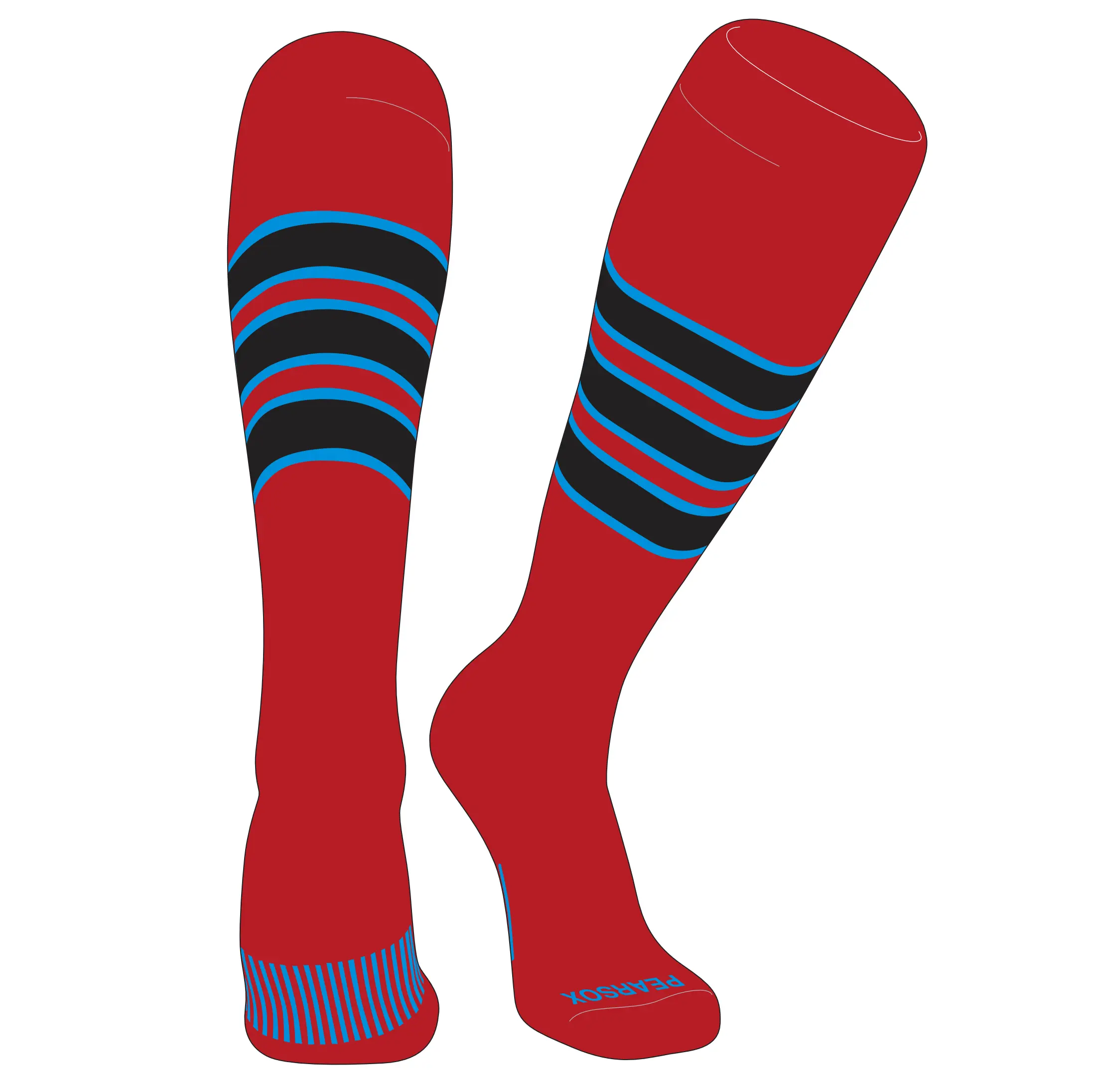 Pear Sox Striped Knee High Baseball, Football Socks (C) Red, Neon Blue, Black