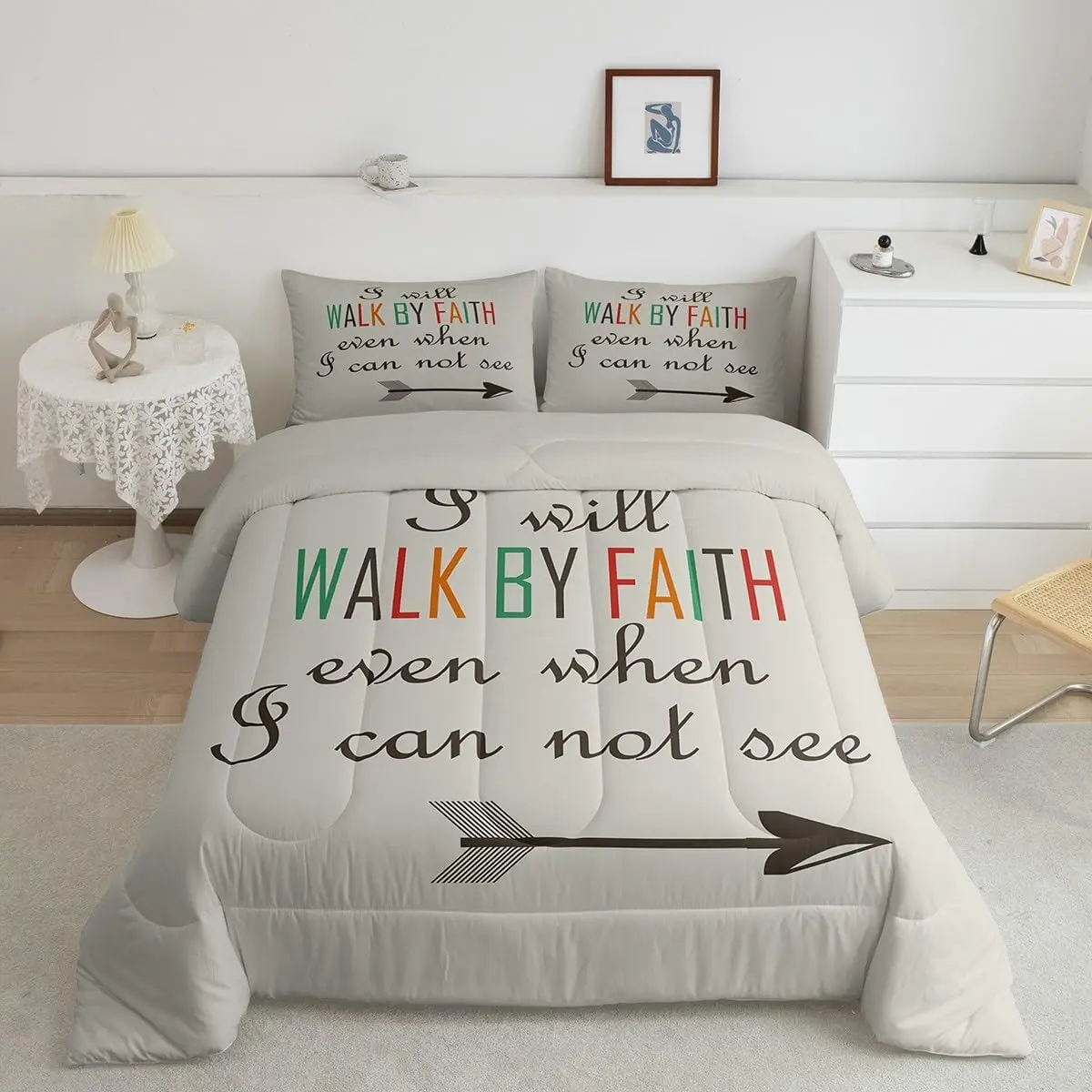 Feelyou Christian Bible Verses Digital Print Decorative Bedding Set - Light Green Quilt Set Bedding with Arrow Tribal Decor Duvet, Machine-Washable, Multi-Size Including Queen Option, Modern Bedroom Decor