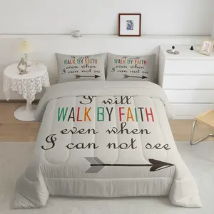 Feelyou Christian Bible Verses Digital Print Bedding Set - Light Green Comforter with Arrow Tribal Decor Duvet, Machine-Washable Multi-Size Queen Bedding Sets