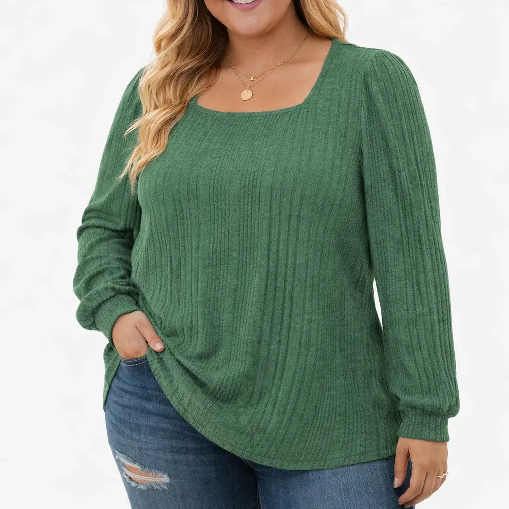 Women's Plus Size Tunic Sweater, Soft Striped Knit Fabric Pullover with a Square Neck and Lantern Sleeves for Athletic and Casual Wear, Feminine, 2Xl, Knitwear, Lightweight, Elegant, Stretchy, Cute, Shirt, Tops, Comfortable, Long Sleeve, Casual Cute, Femi