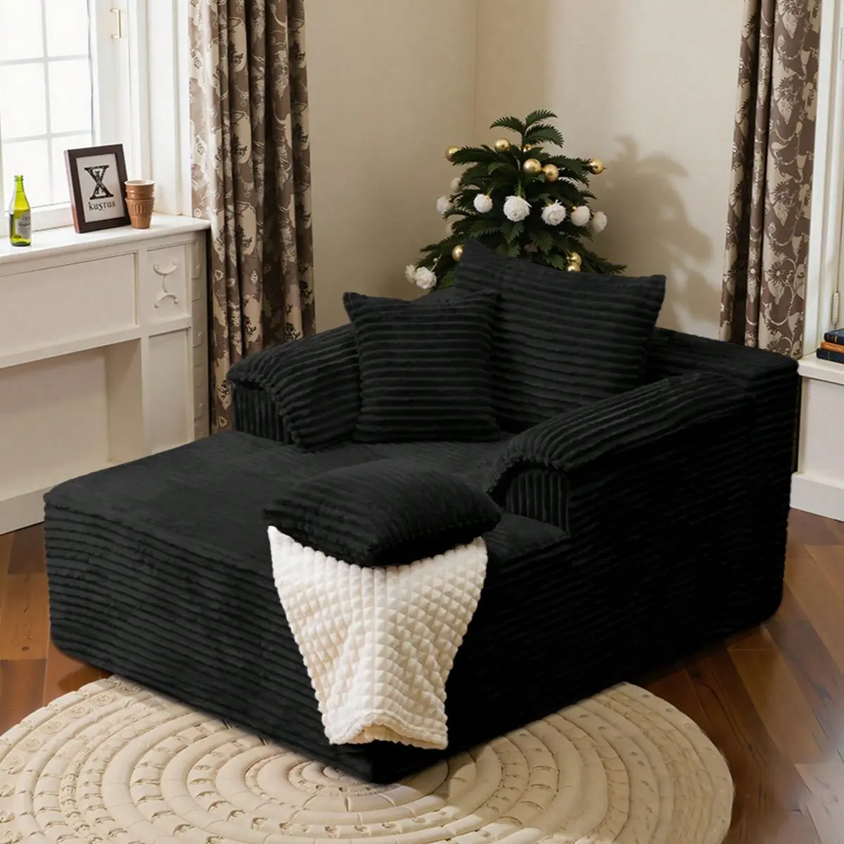 Oversized Modern Soft Corduroy Single Sleeper Sofa Bed - Fixed Arms, Boneless Compressed Deep Seat, Side Storage Pockets, Plush Throw Pillow, Durable, Fully Assembled for Living Room, Small Spaces, Bedroom