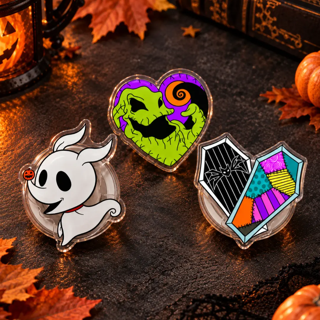 Nightmare Before Christmas Ghost Dog And Jack-Saly Patchwork Heart Acrylic Phone Grip Collection, Spooky Season Cell Phone Stand Accessory