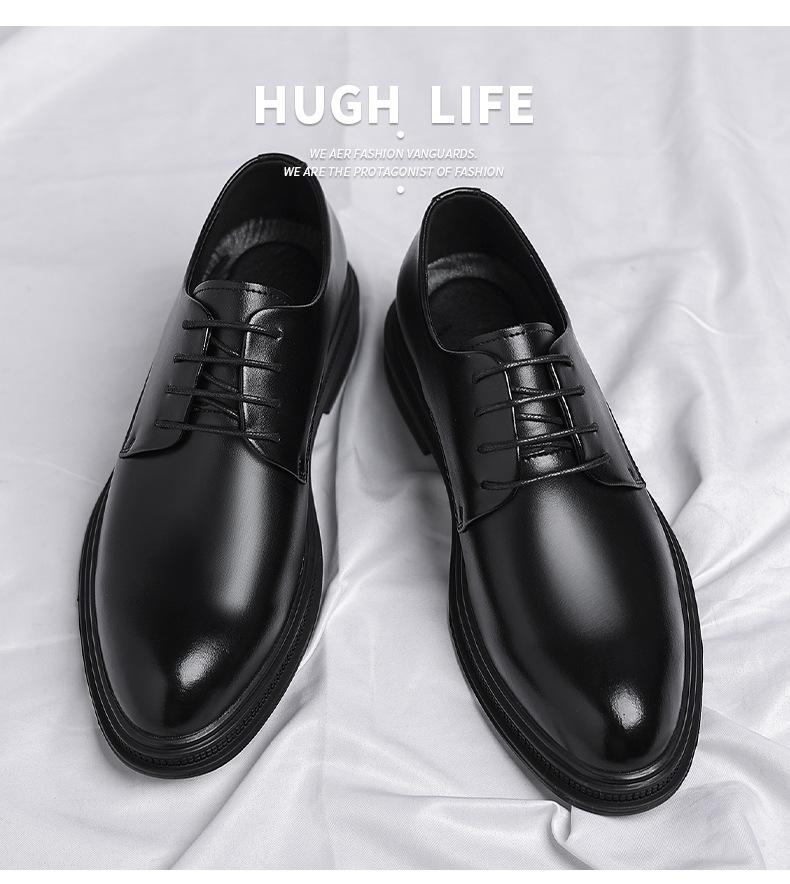 Men’s leather dress shoes for autumn, British style, low-cut black design suitable for commuting and business attire, pairs well with suits.
