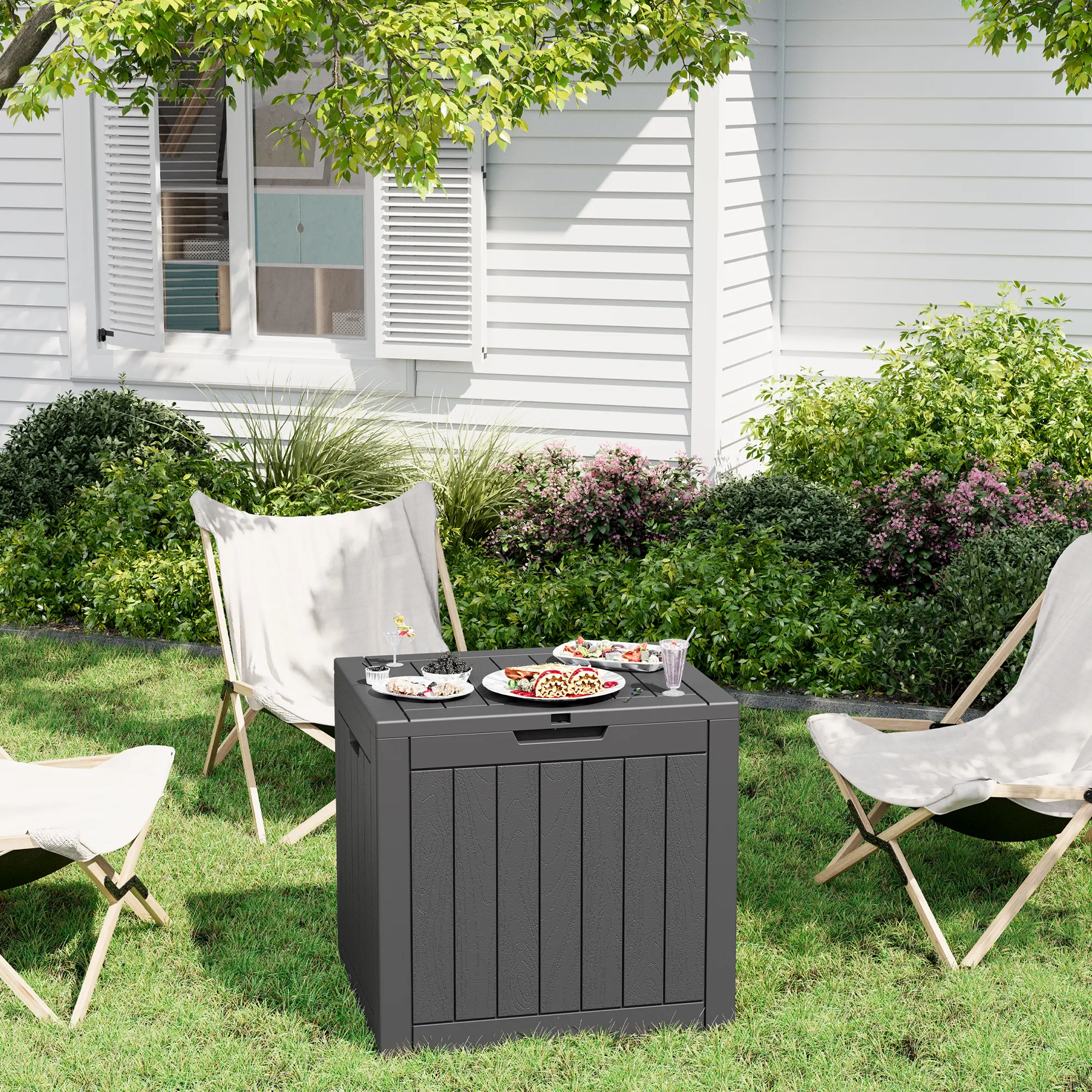 RIWENGO 35 Gal Outdoor Storage Bench, Waterproof Resin Deck Box with Lockable Lid, Multi-Functional Patio Side Table for Garden Tools & Pool Accessories