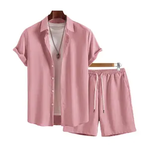 Men’s Lapel Short Sleeve Shirt & Knee-Length Shorts 2 Piece Matching Set, lightweight breathable wrinkled texture fabric, ideal for daily commute, travel trips and all kinds of leisure outdoor occasions#SummerWins