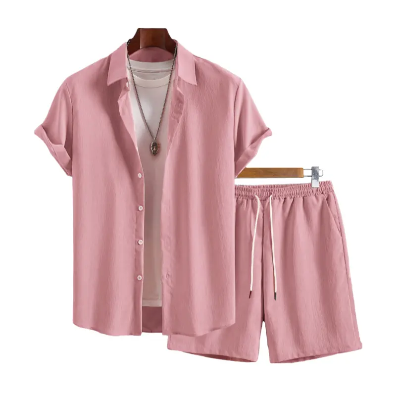 Men’s Chic 2-Piece Casual Clothing Set - Lapel Buttons Short-Sleeve Blouse/Shirt & Above-the-Knee Shorts, Lightweight Breathable Wrinkled Texture Fabric, Ideal for Daily Commute, Cold Wash Compatible, Fashion