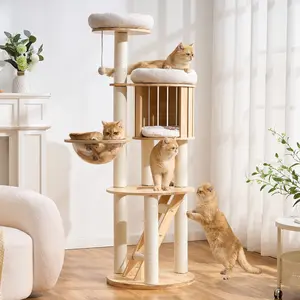 HITTITE 61.5in Tall Cat Tree Tower with Ladder Sisal Scratching Posts Soft Beds Condo for Indoor Cats Large Adult Solid Wood