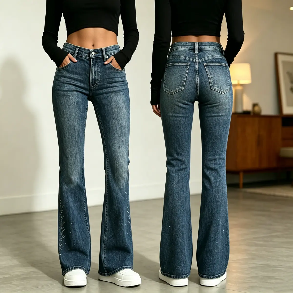 Women's High-Waisted Rhinestone Light Wash Stretch Jeans - Straight, Bell Bottom, Bootcut Flare Bottoms