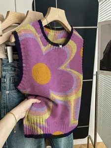 Women's Casual Loose-Fitting Round Neck Sleeveless Knit Top Vests, Deep Blue Floral Print Sweater for Spring Summer, Outerwear & Layering