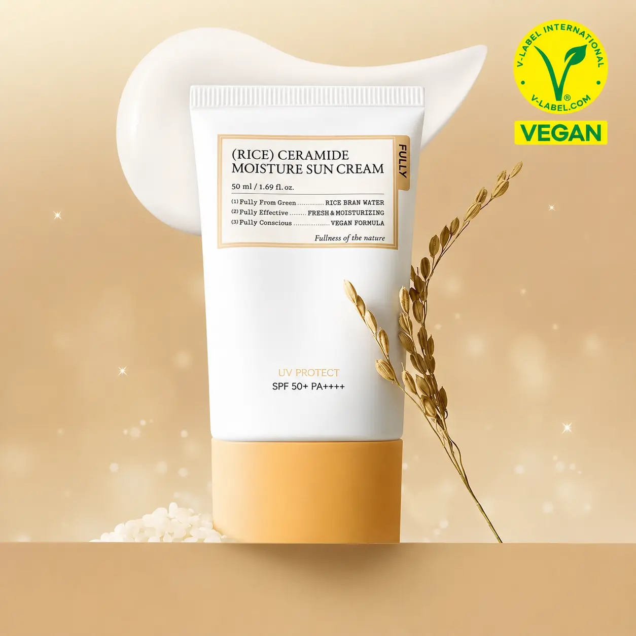 FULLY Rice Ceramide Moisture Sunscreen SPF 50+ PA++++ – Korean Sun Cream with 87% Rice Essence, Hydrating Lightweight UV Protection for Face, No White Cast, Non-Greasy, 1.69 fl oz