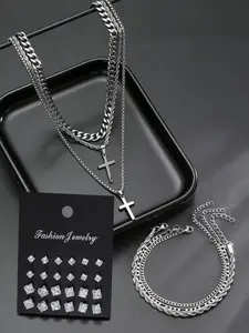 3/24/30pcs Punk Style Stainless Steel Fashionable Jewelry Set, Cross Necklace Bracelet Earrings, Casual Fashion Gift for Boyfriend Father Valentine's Day