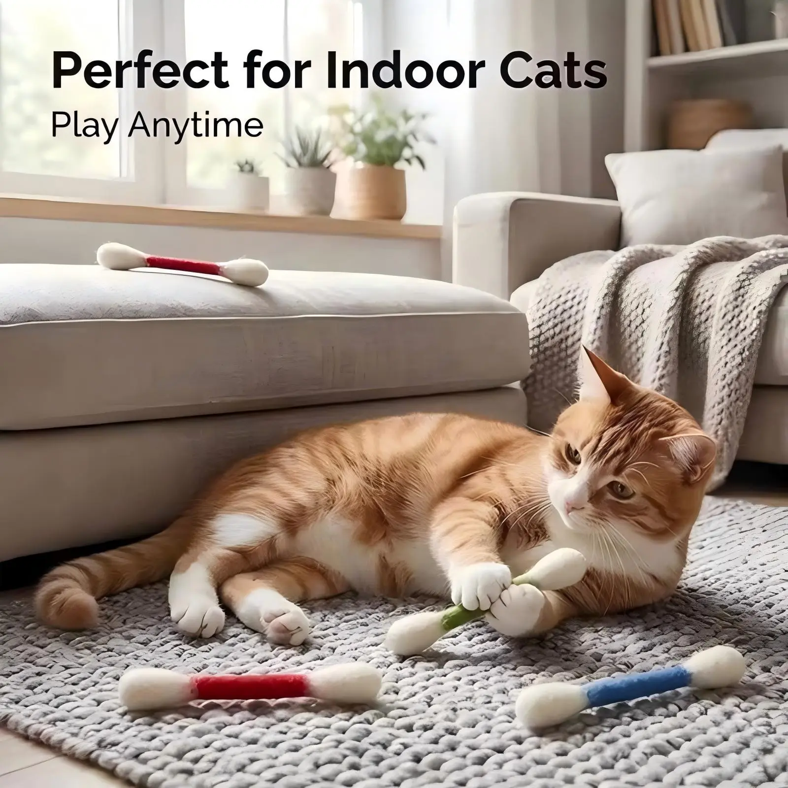 Cotton Swab Cat Toys 6-Pack, Durable Large Size, Kitten Chewable Teeth Cleaning Rope, Interactive Felt Toy Stick, Interactive Kitten Wand, Relieves Boredom, Perfect Gift