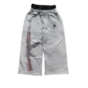 Double-waist printed and embroidered street-style foldable waistband sweatshirt pants, casual straight-leg long pants Menswear Man Operator Sweatpants