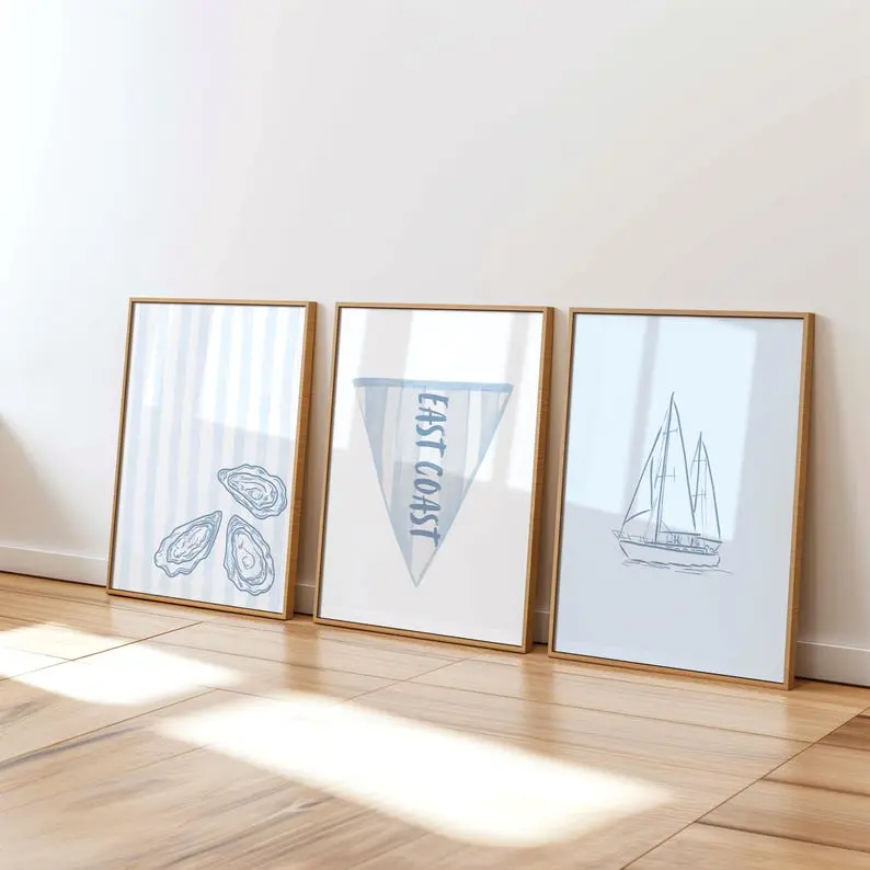 Blue East Coast Coquette Set of 3 Preppy Aesthetic Beachy Wall Prints Coastal Preppy Wall Art Coastal Art