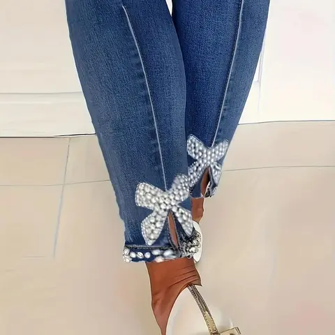Women's Bow Rhinestones Decor Jeans Fashionable High Waisted Design Skinny Jeans for Daily Wear, Ladies Bottoms for All Seasons