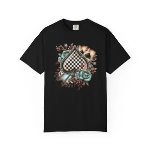 Men's Knit Cotton Fabric Checkerboard Heart T-shirt - Casual Fit, Vintage Roses, Feathers