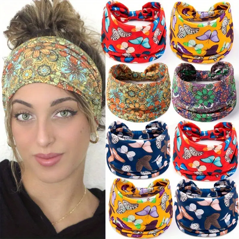 4pcs/pack Bohemian Colorful Flower Butterfly Print Sports Headband, Fashionable Wide Edge Elastic Headband, Yoga and Fitness Women's Sports Headband