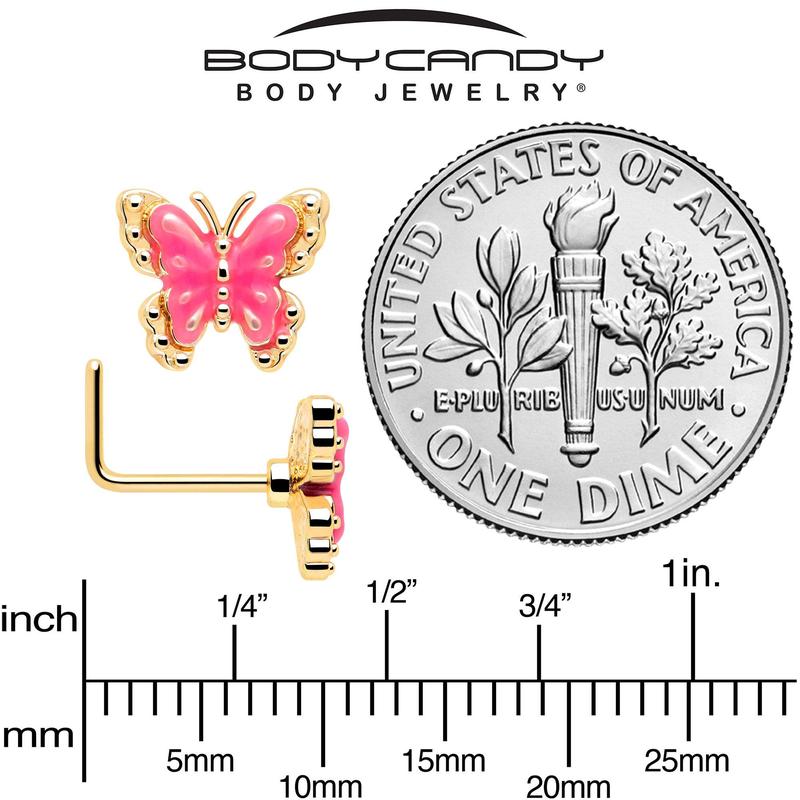 20G 7mm Gold Tone Butterfly Pink Splash L Shape Nose Ring