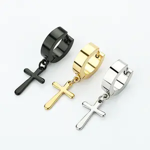 Plain Cross Design Dangle Earrings, Casual Stainless Steel Jewelry for Mrn As Gift, with Minimalist Style Without Ear Holes for Daily Wear daily costume jewelry accessory