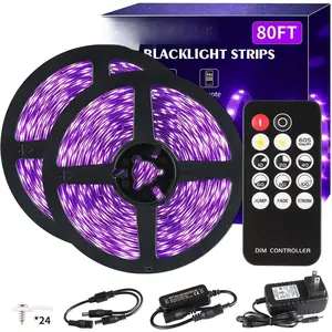 80ft Black Lights Strip with Remote, 1440 LEDs, 12V Flexible Blackights for Glow Party, Adjust Brightness, Delay Off, 3 Light Modes, Indoor Fluorescent Party, Stage Lighting