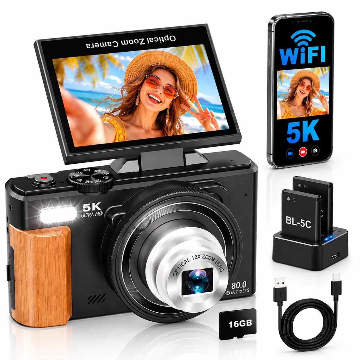 Lmzour 5K Digital Camera for Photography with WiFi, 80MP Autofocus Vlogging Camera for YouTube, 3.0" 180° Flip Screen 12X Optical Zoom Compact Cameras for Beginners whit 16GB SD Card and 2 Batteries