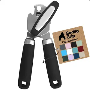 GORILLA GRIP Heavy Duty Stainless Steel Smooth Edge Manual Can Opener and Bottle Openers, Soft Comfortable Handle, Oversized Handheld Turn Knob, US Designed Multifunctional Kitchen Tool, Black