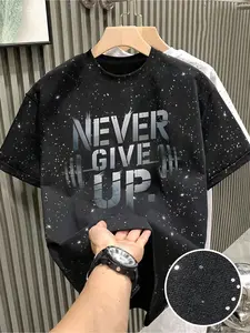 Men's Silver Color Letter Print Graphic Round Neck Short Sleeve T-Shirt, Casual Daily Wear Fitted Top, Comfortable Fashion Design, Perfect Gift Choice, Classic Streetwear