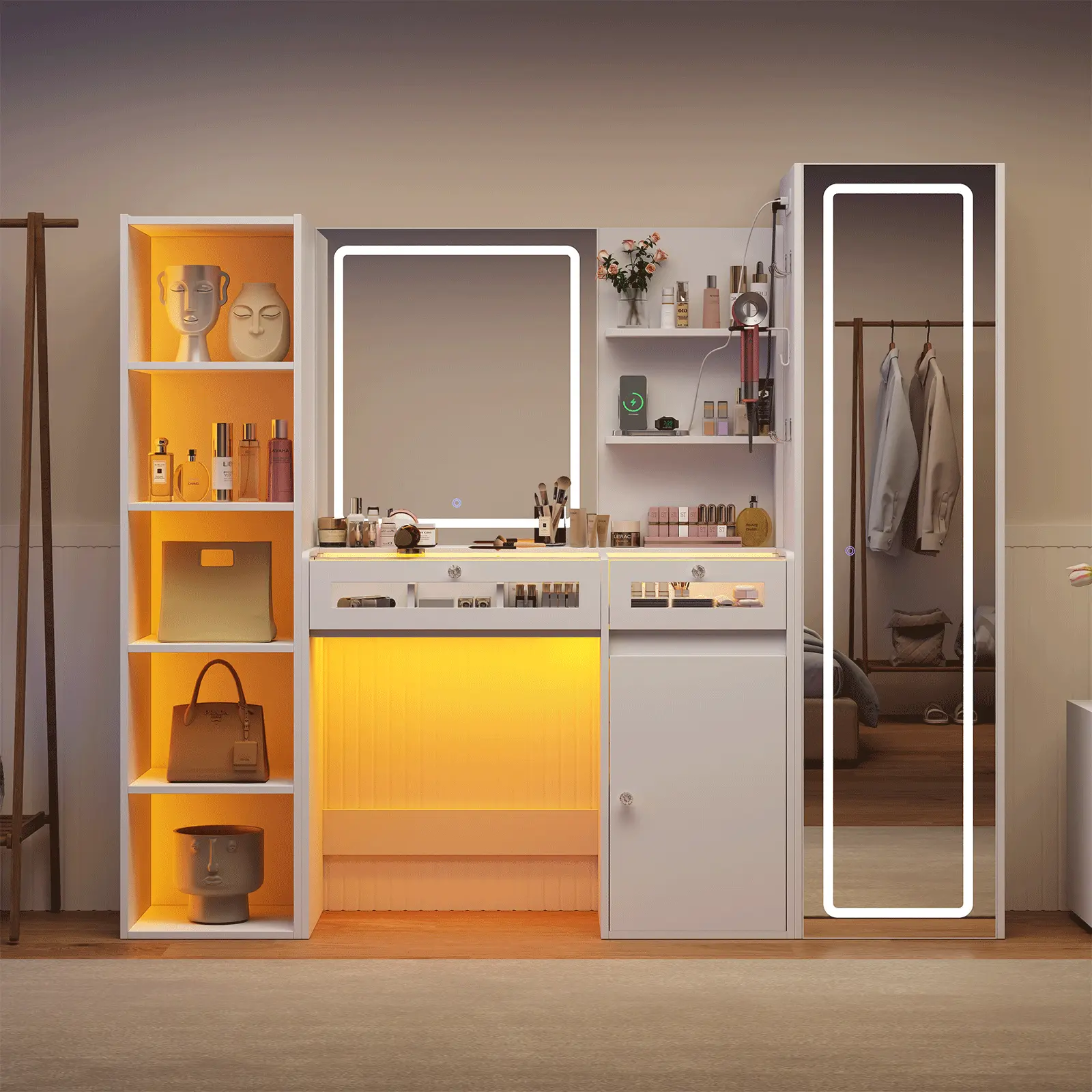 LED Makeup Vanity Table with Full Length Mirror, APP RGB Ambient Lights, 3 Color Dimmable Makeup Mirror, Divided Lighted Drawers, Multi-Tier Open Shelves, Large Side Storage Cabinet, Built-in Multi-Port Charging Station & Hair Dryer Holder for Bedroom