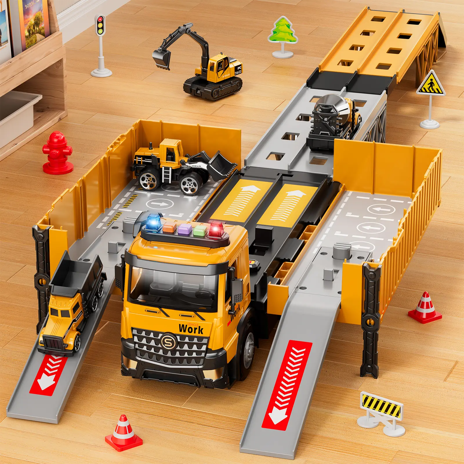 6-in-1 construction vehicle playset,ejection race track parking lot,kids' birthday thanksgiving gifts,construction truck,construction vehicle playset,ejection race track,kids block vehicles