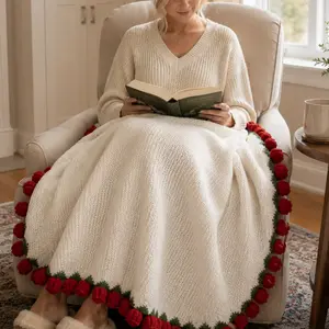 Lightweight Floral Blanket, 43in Round Hand Crochet Polyester, Convertible Bouquet Style, Home & Festival Gift
