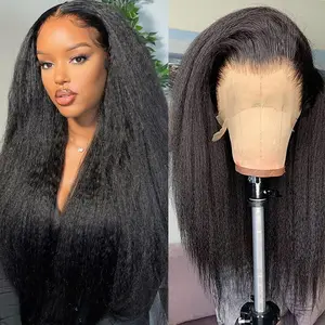 34 Inch Kinky Straight Human Hair Lace Front Wigs Pre Plucked with Baby Hair Natural Color Yaki Straight Human Hair Wigs for Women 13x6 HD Transparent Lace Front Wig Human Hair 200% Density
