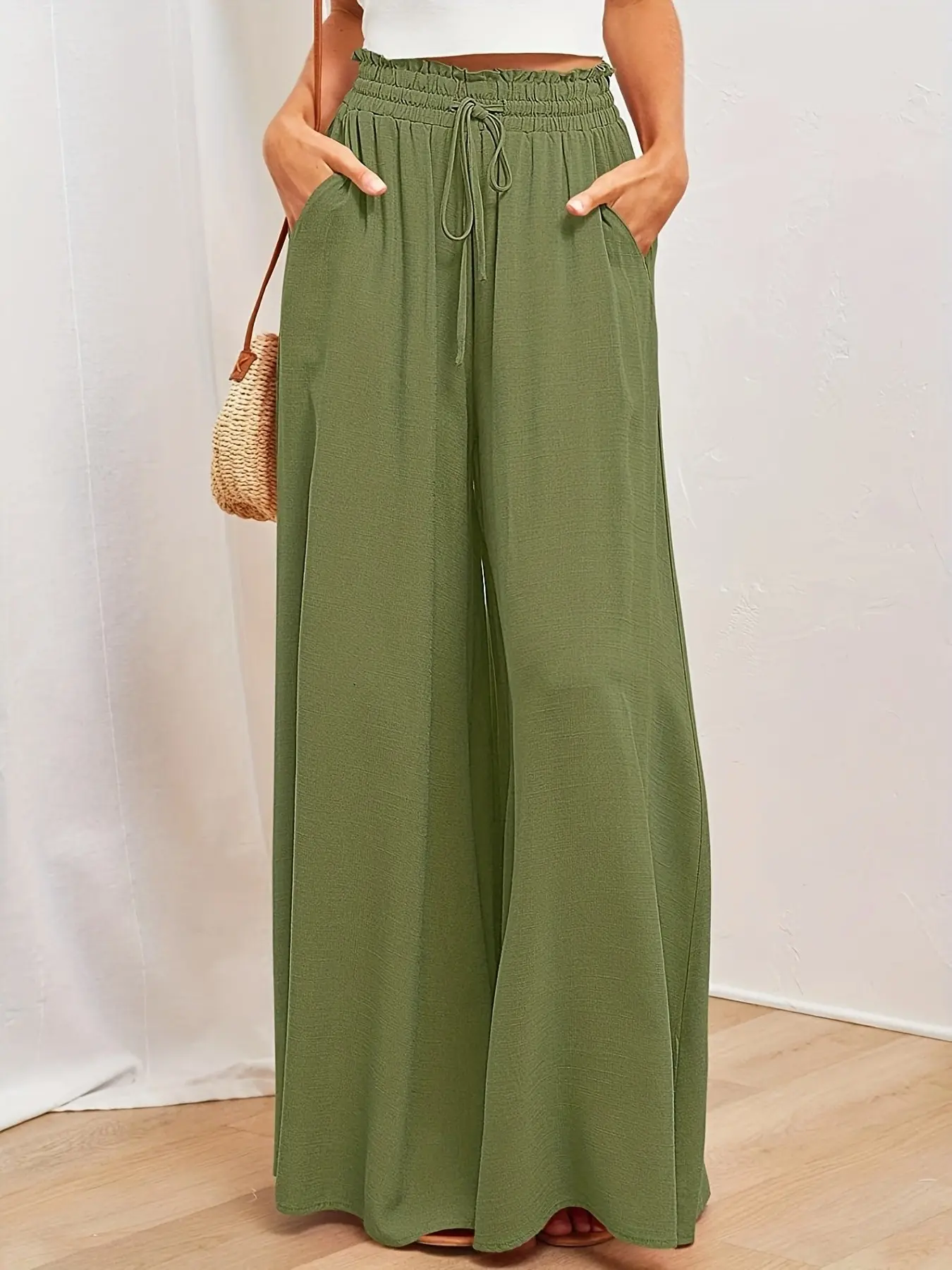 Women's Plain Pocket Drawstring Paper Bag Waist Wide Leg Loose Pants, Casual High Waist Trousers, Adjustable, for Fall, Women's Bottoms for Daily Wear, Casual Comfy Trouser