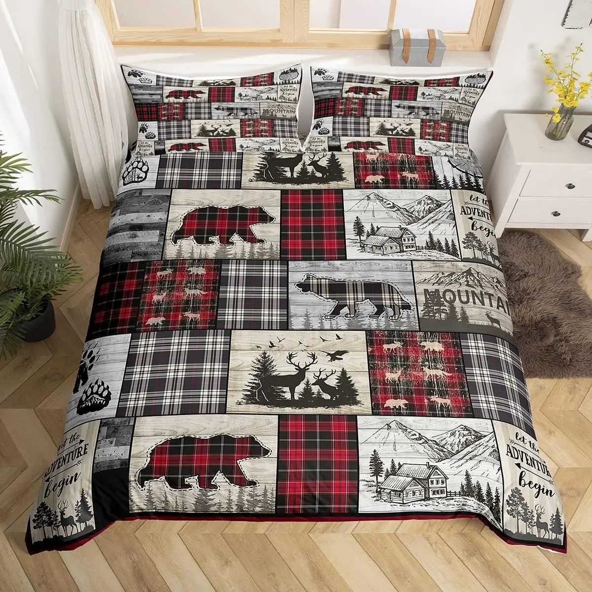 Feelyou Modern Rustic Breathable Microfiber Duvet Cover Set - Decorative Animal Motif (Wolf, Deer, Bear) Red Black Buffalo Plaid Bedding Set for Adults, Camping Lodge Themed, No Comforter, Breathable Duvet Set, Decorative Bedding Set