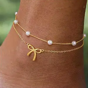 1pc Double Layer Iron Chain Pendant Imitation Pearl Handmade Chain Anklet 1pc Sexy Fashion Bow Imitation Pearl Thin Chain Double Layer Anklet Vacation Daily Versatile Anklet