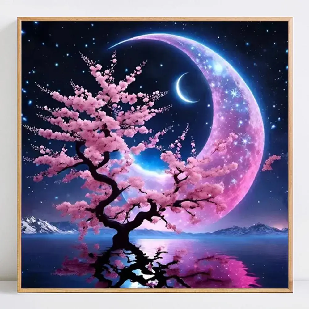 Moon & Cherry Blossom Tree Pattern Diamond Pattern Design DIY Diamond Arts Colorful Painting Kit without Frame, 5D Diamond Decor Painting by Numbers Kit, DIY Wall Art Decor, Handicraft Diamond Painting Kits