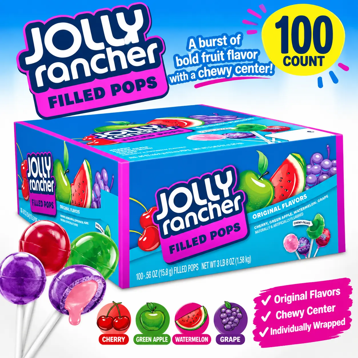 Jolly Rancher Filled Pops 100 Count  Fruity Hard Candy Lollipops with Soft Center | Bulk Party Candy Treats