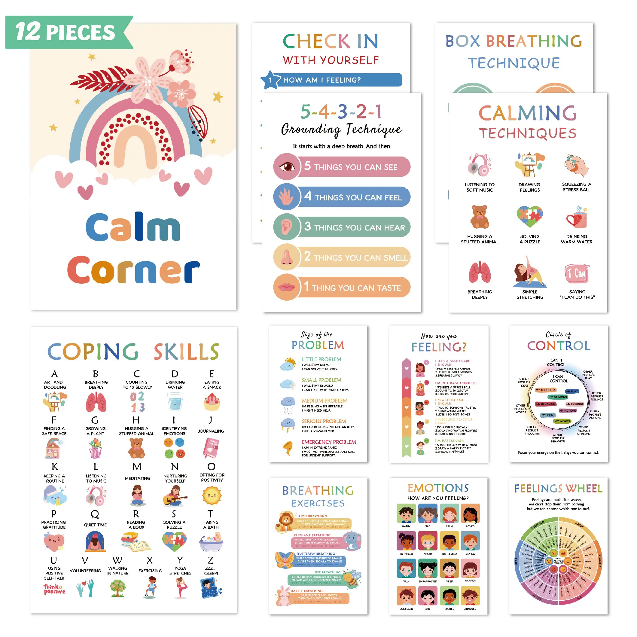 12 Calming Corner Posters (10x8) - Feelings Wheel Chart & Emotions Poster, Calming Corner Supplies For Therapy, Mental Health  Laminated Toddler Educational Wall Posters