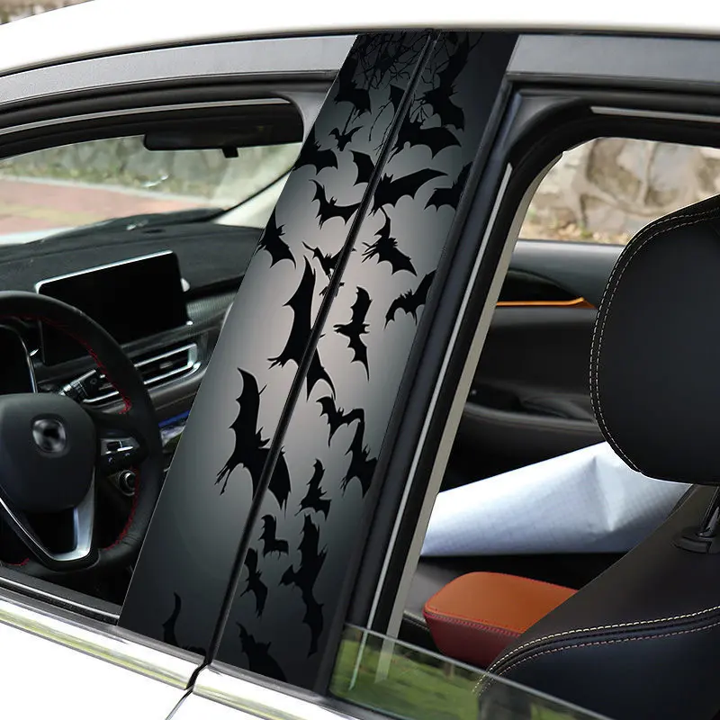 2pcs Gothic Bat Pillar Stickers for Cars - Eerie Black Bats on Dark Branches Design, Semi-Matte Vinyl Protective Films for Glass, Metal, Plastic, Ceramic & Wood Surfaces, Anime & Fantasy Theme, Rectangular Shape, Car Window Decals, Cartoon Theme Decor, Du