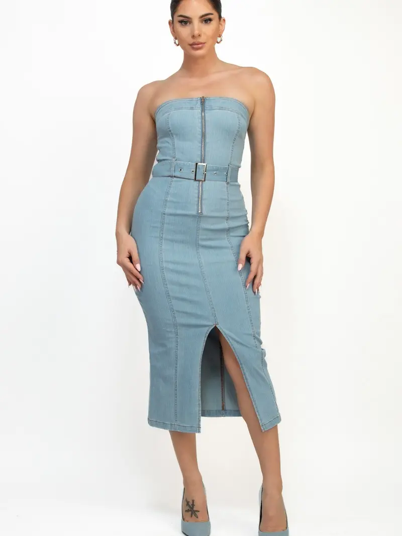 Women's Zip Up Tube Open Leg Belted Denim Dress with Strapless Design and Buckle Detail - TikTok Shop Women's Zip Up Tube Open Leg Belted Denim Dress with Strapless Design and Buckle Detail - TikTok Shop