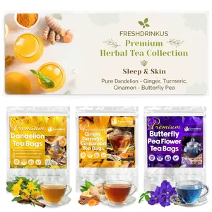 FRESHDRINKUS, Premium Herbal Tea Collection Sleep and Skin Pure Dandelion - Tumeric Ginger Cinamon - Butterfly Pea