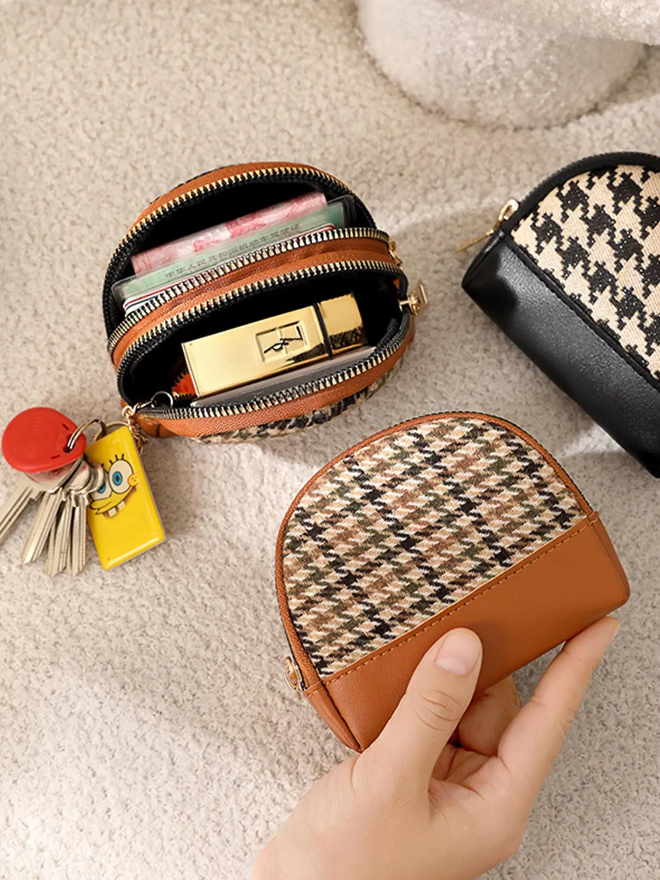 Women's Houndstooth Pattern Zipper Short Wallet, Fashionable PU Leather Double Zipper Coin Holder, Casual Versatile Wallet for Daily Use