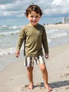 New boys' two-piece swimsuit, beach vacation sun protection swimwear set Sun Symbol On Olive Top Striped Shorts long sleeves and shorts sunscreen waterproof Swimsuit Sets